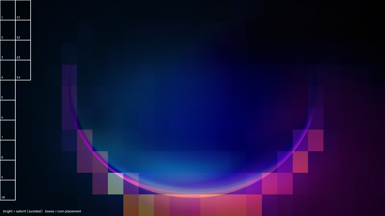 Saliency heatmap over a third wallpaper with icon cells in the calm area.